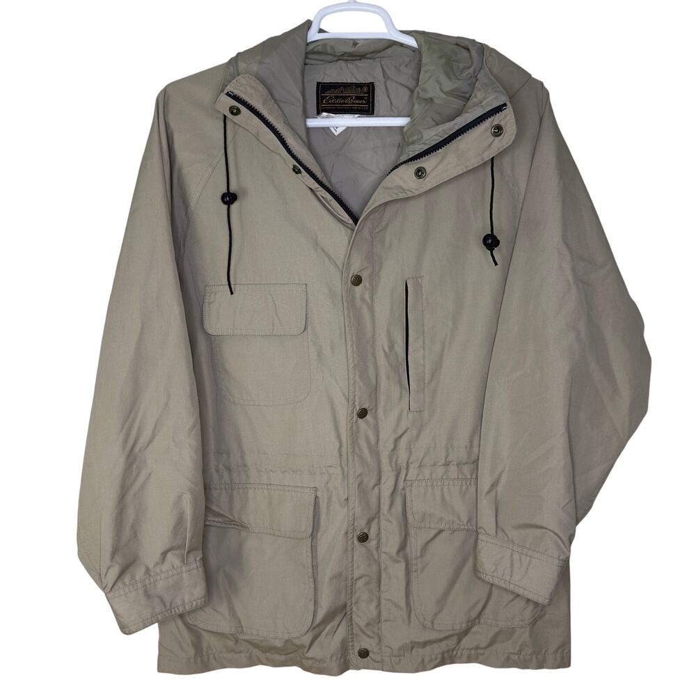 Vintage Eddie Bauer Men's Large Jacket Parka Hood Cream‎ Full Zip Utility Hiking